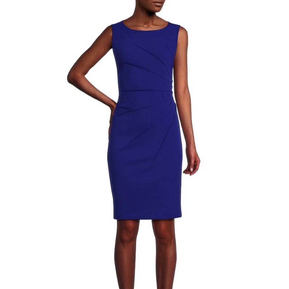 Calvin Klein Sideburst Boat Neck Sleeveless Ruched Pencil Dress